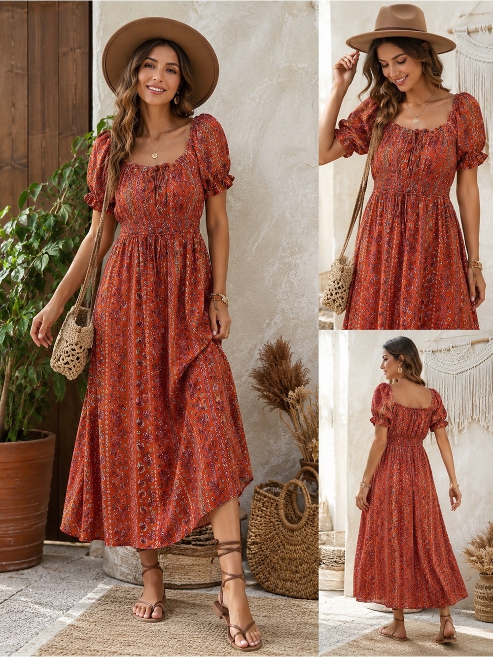 Patrons of Peace Rust Floral Puff-Sleeve Maxi Dress